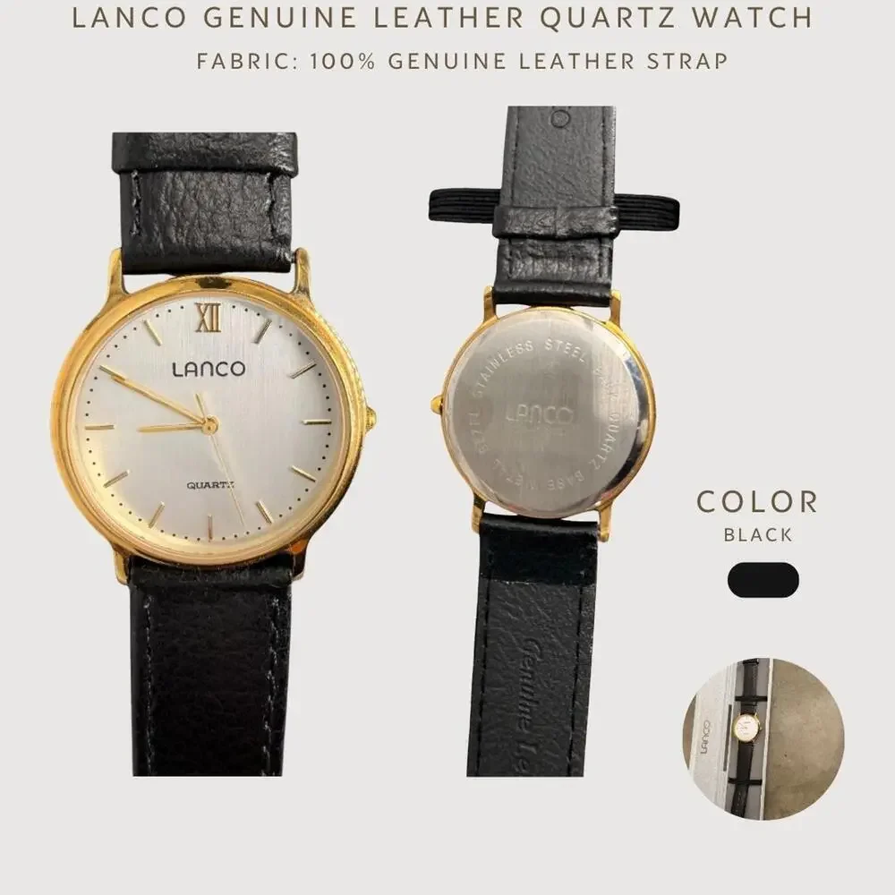 Lanco Swiss Quartz Watch Black Leather Strap Classic Minimalist Timepiece
